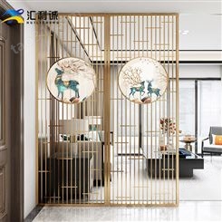 中式不锈钢屏风带鹿艺术玻璃画金属隔断客厅可定制造型