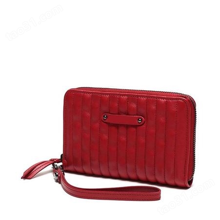 富源女士钱包红色优质羊皮格子文案拉链大气多功能大容量手拎包