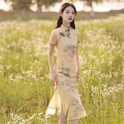 旗袍2022年新款女夏季复古中国风女装花朵中长款年轻款改良连衣裙
