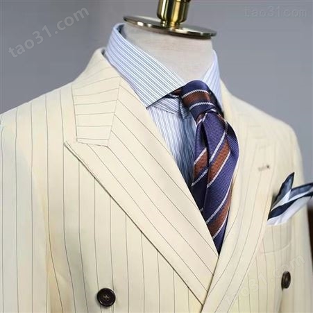 四季意式精纺羊毛黄色条纹戗驳领双排扣西服套装男西装
