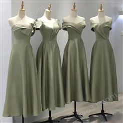 伴娘服女小众缎面2022新款绿色高级平时可穿婚礼夏季姐妹团礼服裙